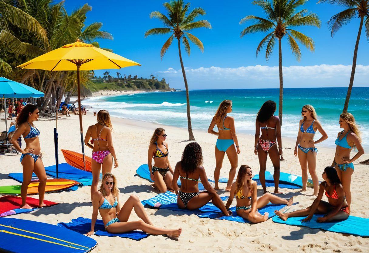 A vibrant beach scene featuring models of diverse ethnicities wearing trendy bikinis, showcasing bold patterns and colors. They are enjoying various beach activities like sunbathing, surfing, and playing beach volleyball, with a stunning ocean backdrop. The atmosphere is lively and filled with sunshine, beach umbrellas, and palm trees. Emphasize joy and fun, inviting the viewer into a summer paradise. super-realistic. vibrant colors. 3D.